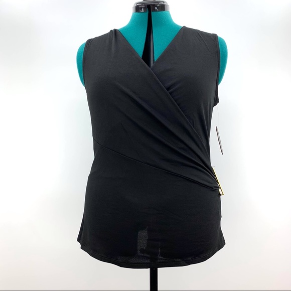 AUW NWT Black Wrap Front V-neck Ruched Sleeveless Top, Medium - Picture 1 of 16